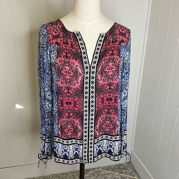 Lucky Brand Tops - Lucky Brand Womens Size Small Peasant Tunic Top Red Blue Printed Split Neck Boho